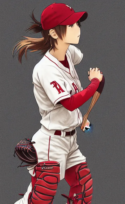 Image similar to anime style, female baseball player, red sport clothing, homerun, brown short hair, hair down, symmetrical facial features, from arknights, hyper realistic, rule of thirds, extreme detail, 4 k drawing, safebooru, realistic lighting, by alphonse mucha, greg rutkowski, sharp focus, backlit