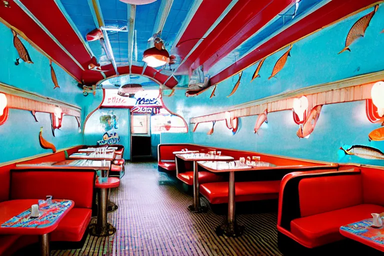 Image similar to 2 0 1 5 fish themed underwater american diner, googie architecture, two point perspective, americana, fishcore, restaurant interior photography, 8 5 mm, taken by alex webb