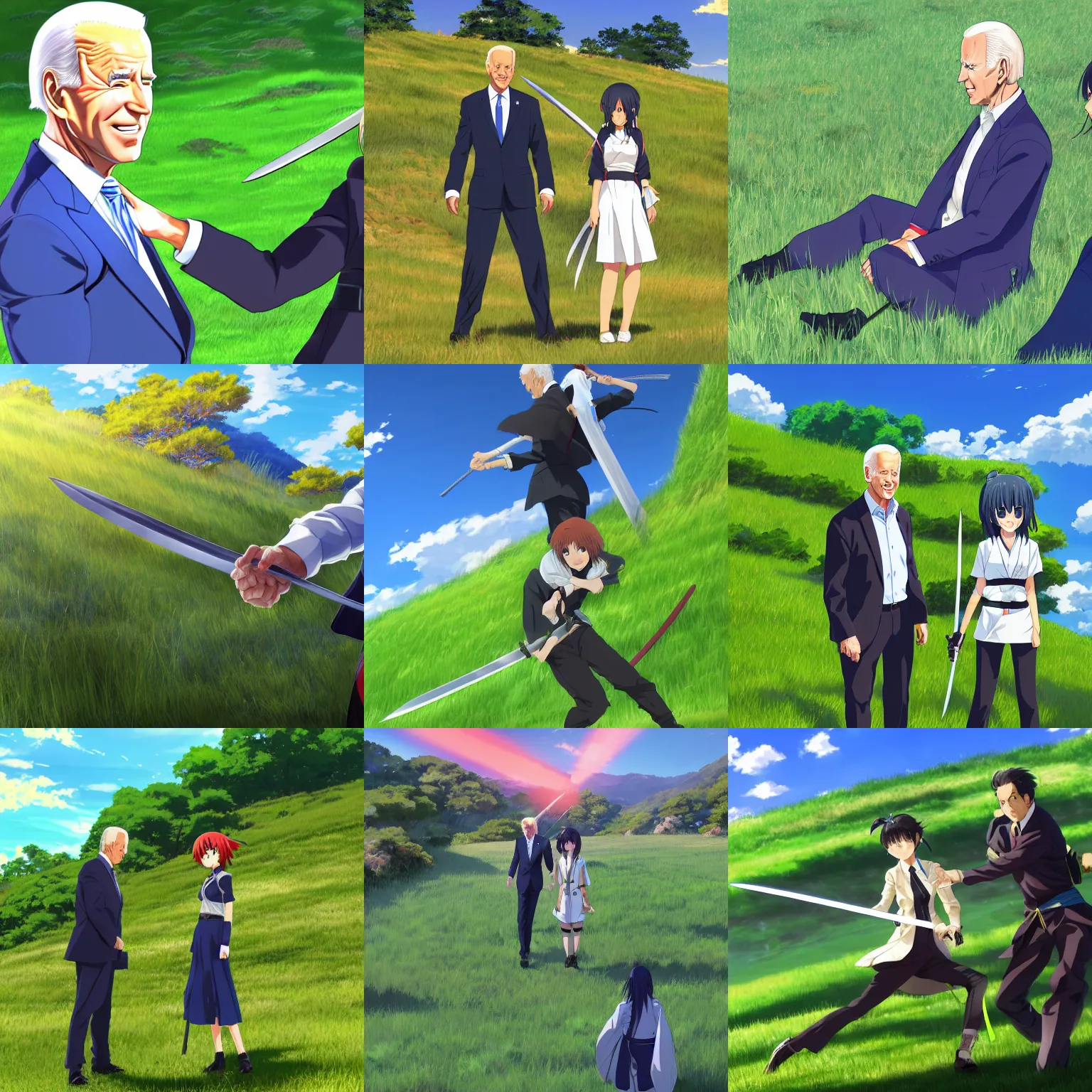 Prompt: Image of handsome photorealistic Joe Biden and an anime swordfighter girl on a bright green grassy hill with a deep blue sky in Genshin Impact, pixiv, game art, digital art, anime screenshot, kyoto animation, makoto shinkai, trending on artstation