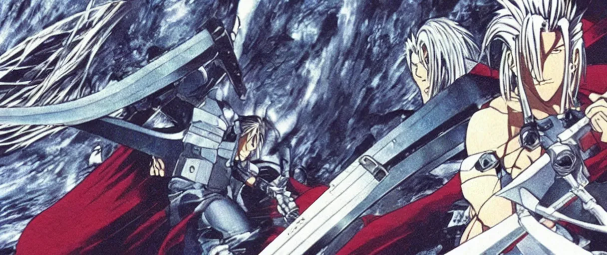 Image similar to “still frame of Sephiroth in Akira anime (1988) by Katsuhiro Otomo”