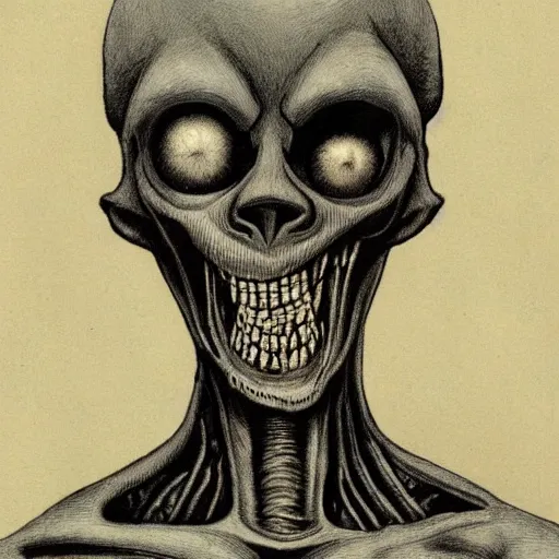 Image similar to humanoid with crooked teeth, black eyes, gaping mouth, alien looking, big forehead, horrifying, killer, creepy, dead, monster, tall, skinny, open mouth, skullish, deathly, in the style of alfred kubin