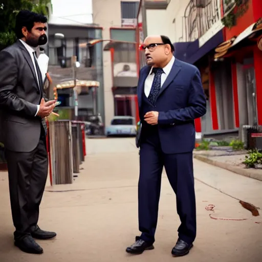 Image similar to portrait of tall indian man in a suit arguing with danny devito outside a bar, photo