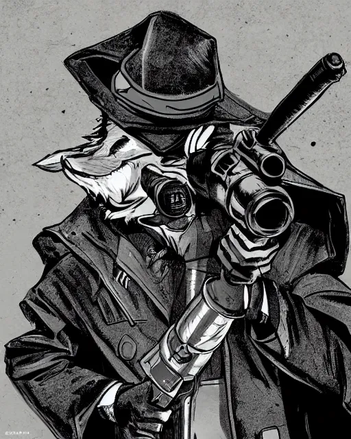 Image similar to a fox wearing a black trench - coat holding a mini - gun, comic art style, digital art,