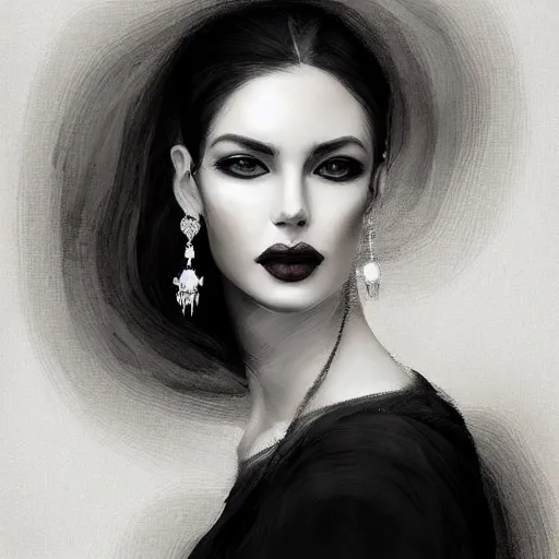Prompt: digital art painting portrait of elegant gothic lady with earrings, black and white, hard edges, high quality, textured, by caestrad, dark background, mystic, goddess, perfect lighting, high contrast, arstation, artgerm, wlop, soft - focus, lightrays