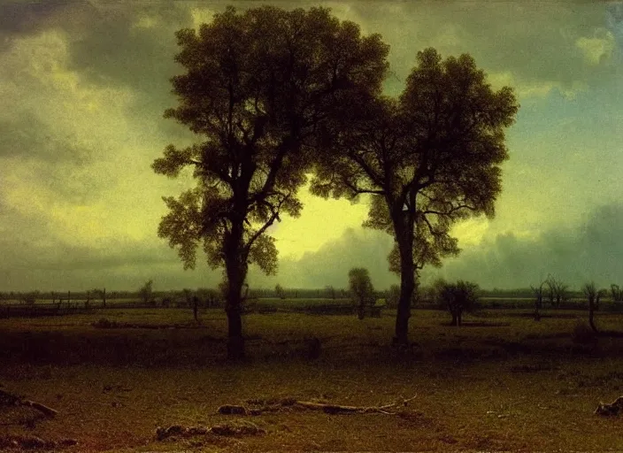 Image similar to a vast muddy field with many corpses buried underneath it, albert bierstadt, landscape, dark and scary