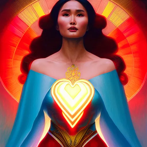 Image similar to heart evangelista as darna, volumetric lights, red and cyan theme, art nouveau botanicals, intricate, highly detailed, digital painting, artstation, concept art, smooth, sharp focus, cinematic, illustration, beautiful face, art by artgerm and greg rutkowski and alphonse mucha