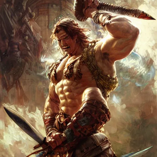 Image similar to muscular male barbarian charging into battle, intricate details, large sword, smoke and fire, by Stanley Artgerm Lau, by greg rutkowski, by thomas kindkade, by alphonse mucha, loish, by norman rockwell J.