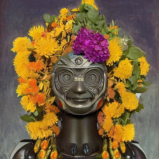 Prompt: a humanoid robot wearing a mask made of flowers, by annie swynnerton and diego rivera and tino rodriguez, symbolist, dramatic lighting, elaborate geometric ornament, art brut, soft cool colors, smooth, sharp focus, extremely detailed, adolf wolfli