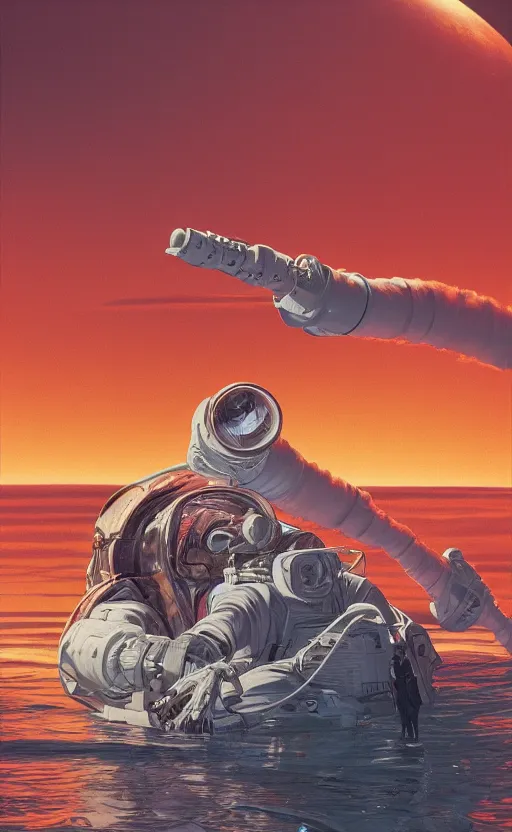 Image similar to detailed artwork by syd mead of an astronaut in a red alien ocean, drowning, high noon, red water under alien burning sun, 4k octane render, by syd mead