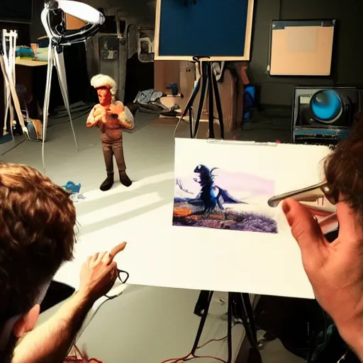 Prompt: Animators in studio animating the new sherek movie in stopmotion, polaroid photo, color photo