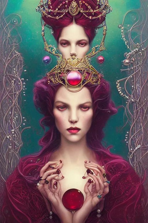 Prompt: Crown with iridescent pearls, ruby jewels, other worldly, art nouveau, by Anato Finnstark, Tom Bagshaw, Brom