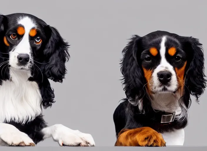 Image similar to photo realistic picture 5 0 mm of a black king charles cavalier sitting next to a brown dash hound, they are both looking at each other lovingly