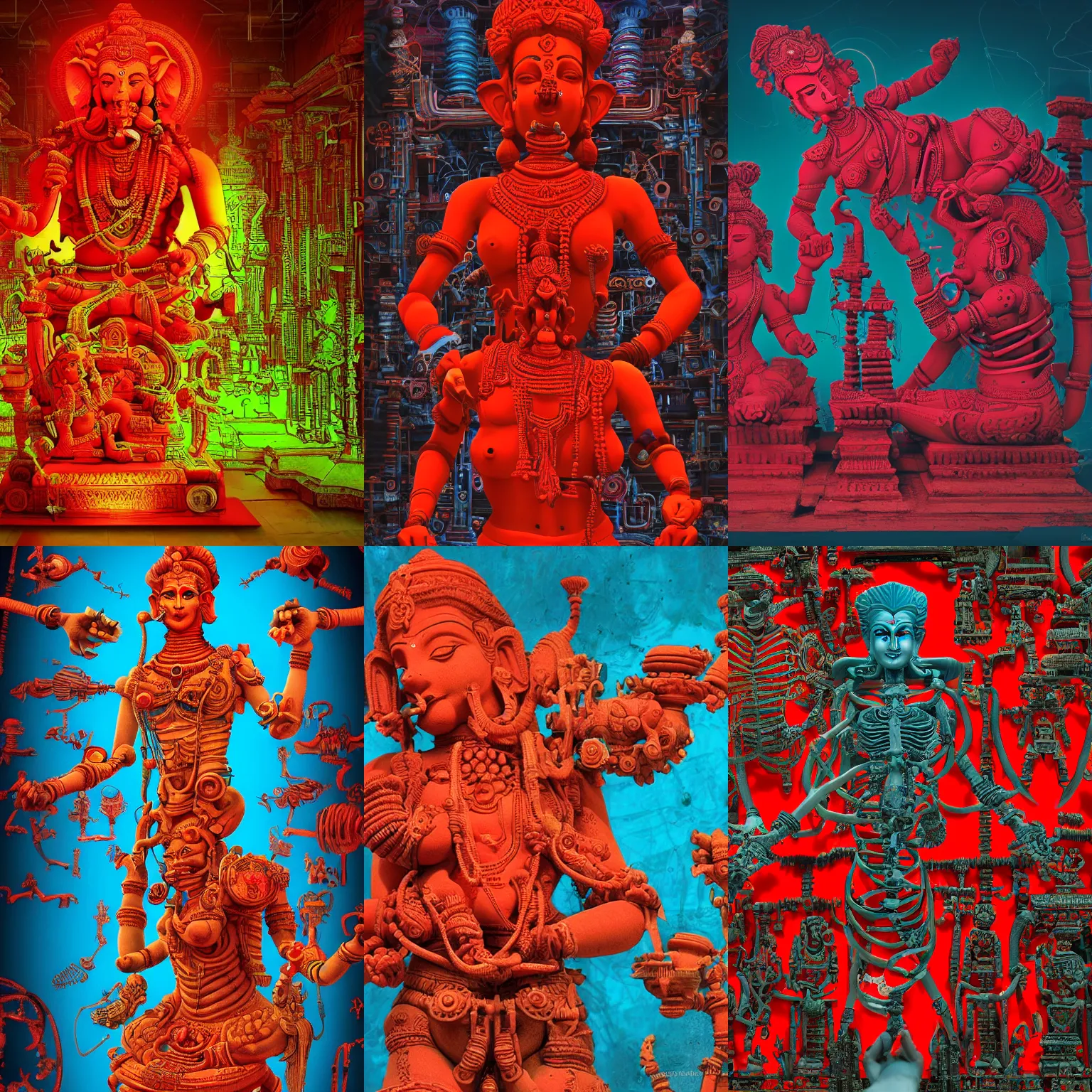 Prompt: red light, vivid colors, highly detailed, epic Khajuraho, Khajuraho, Khajuraho, Ganesha, Shiva, translucent, SSS, transparent, xray, vaporwave, red, flat shaped chrome relief, fossil, mechanic bionic fungus flower cyberpunk cats skeleton mechabot, maze, wires, joints, buttons, gears, dissection relief, by Lorenzo Ghiberti, by Goga Tandashvili, artstation, cgsociety, at Khajuraho, by jonathan ivy, by artgerm, by david lachapelle, shiny, octane, Hdri, by craig mullins