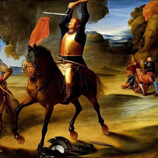 Prompt: Joe Biden riding a horse in the middle of a battle, holding a sword high, renaissance painting