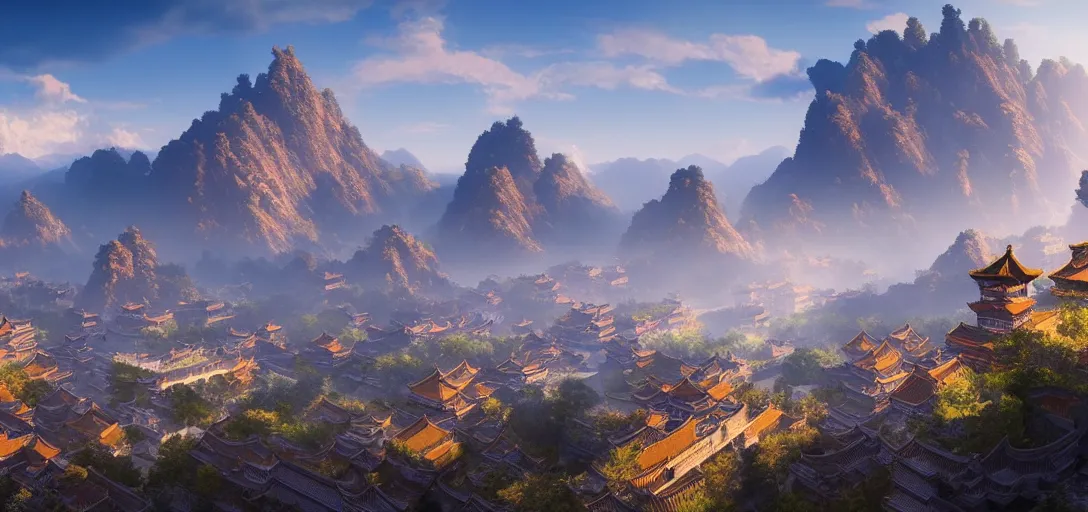 Prompt: epic view of beautiful ancient chinese city, clear blue skies, mountains and hills in the far background distance, unreal engine, dramatic lighting, detailed, ambient occlusion, global illumination, god rays, 3 d artstation render by greg rutowski and jessica rossier