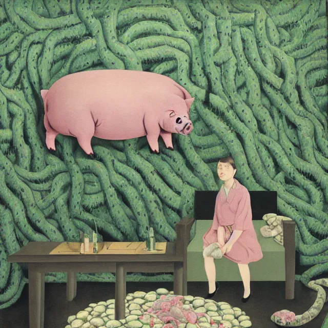 Image similar to a pathology student in her apartment, wrapped in vines, large stones, pig, black walls, ikebana, black armchair, puddles, moss, acrylic on canvas, surrealist, by magritte and monet