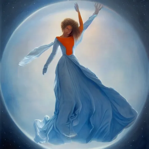 Prompt: full body portrait of beautiful goddess of mars theme inspired wearing blue and white carved details moving dress, she is floating in the air, planet mars in the background, open sky, mystical, orange fog, circle forms, iper realistic, cinematic light, paint on canvas, art by tom bagshaw - - height 7 0 4