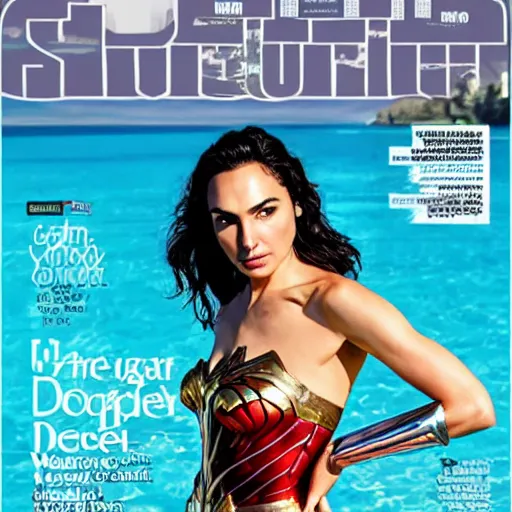 Prompt: photo of a gorgeous Gal Gadot as wonder woman on the cover of swimsuit illustrated by Mario Testino, detailed, award winning, Sony a7R -