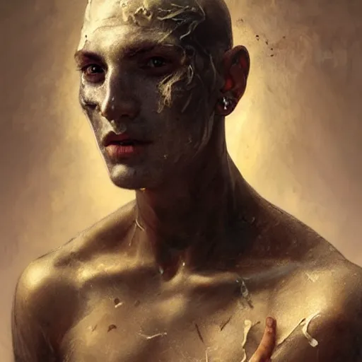 Image similar to portrait painting of young man with severe burn scars on his face and poorly shaved hair wearing tattered light armor, ultra realistic, concept art, intricate details, eerie, highly detailed, photorealistic, octane render, 8 k, unreal engine. art by artgerm and greg rutkowski and charlie bowater and magali villeneuve and alphonse mucha