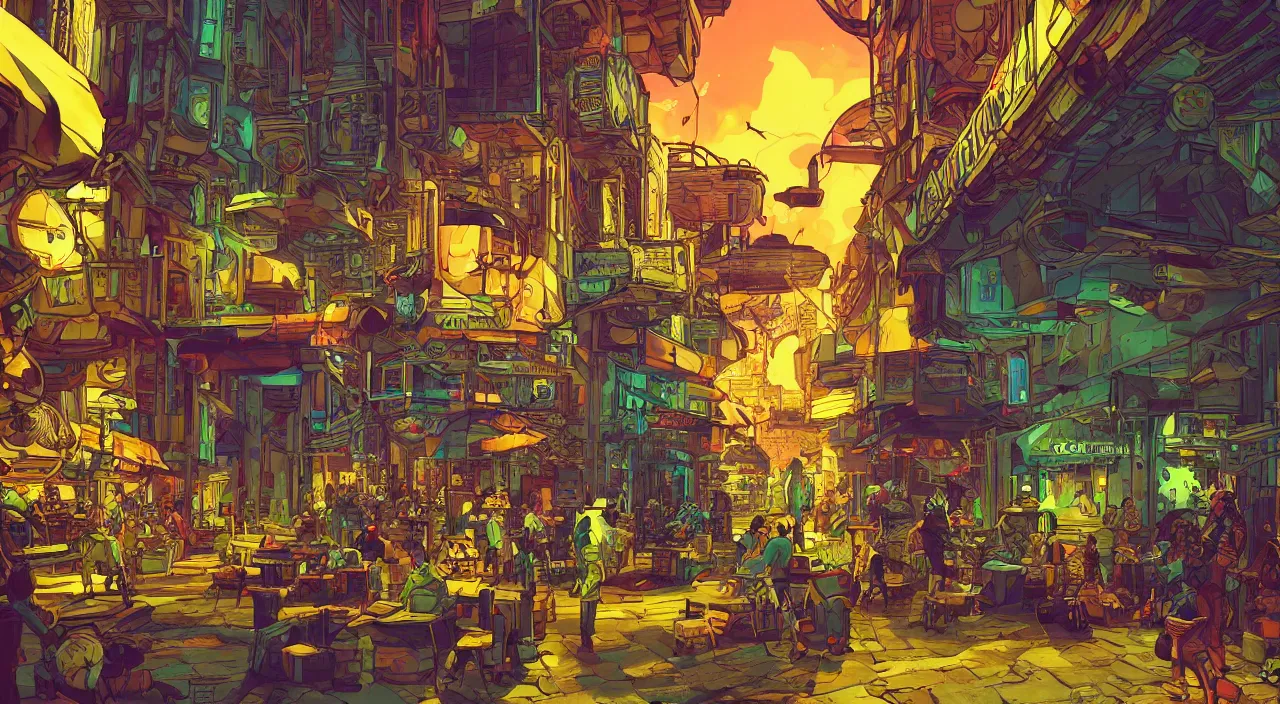 Image similar to bazaar zouk oriantal full color sky shine place mosquet painting stylized digital illustration video game icon global illumination ray tracing that looks like it is from borderlands and by feng zhu and loish and laurie greasley, victo ngai, andreas rocha, john harris