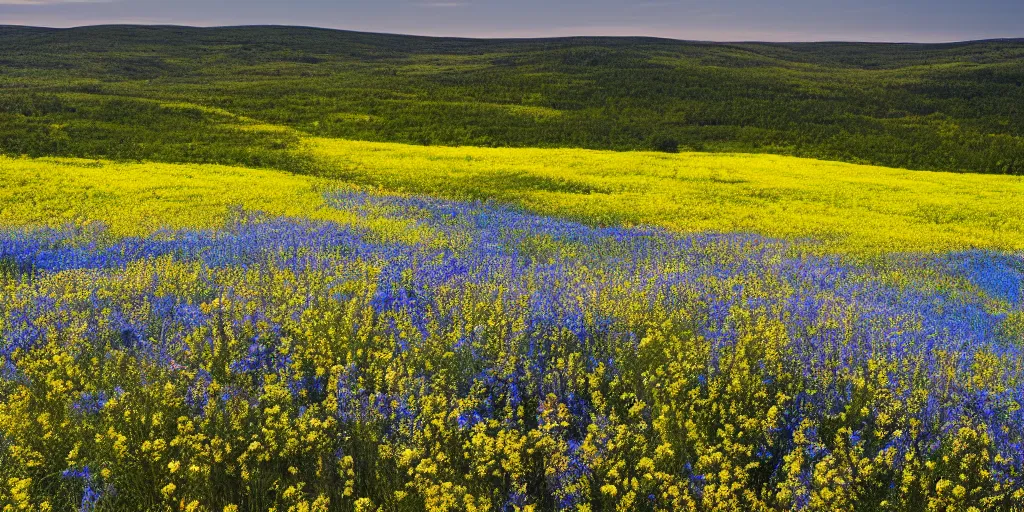 Prompt: landscape photo of tansy field on foot of blue hills by William Garnett, wide-angle lens