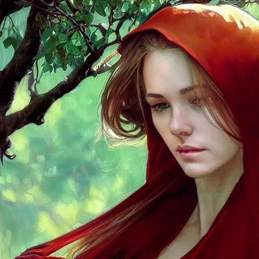 Image similar to portrait of a woman resting on large tree, dark red cloak, blonde hair, green lines, sharp focus, intricate, cinematic lighting, smooth, ultra realistic illustration, high fantasy, elegant, by artgerm, greg rutkowski, alphonse mucha magali villeneuve