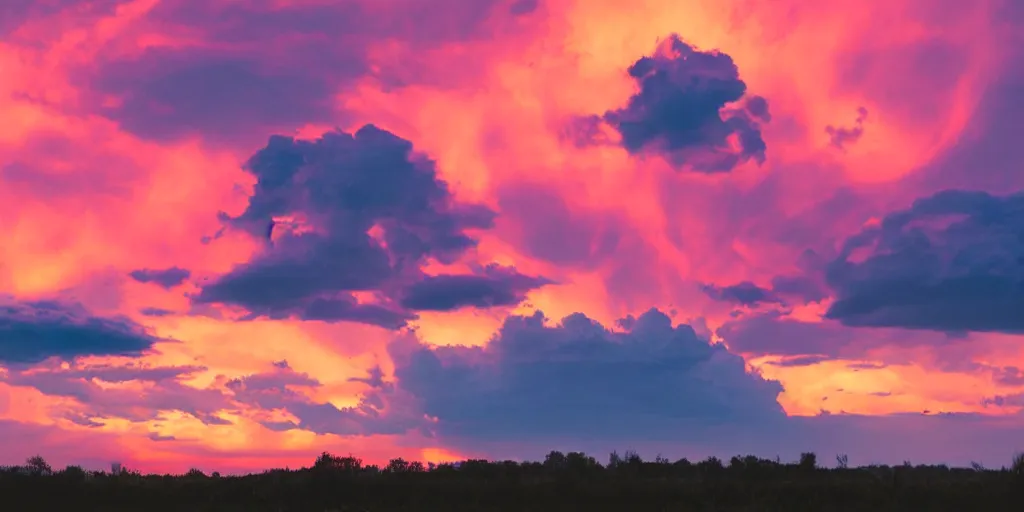 Prompt: photograph of a cummulonimbus cloud on a pink, orange, red and purple sunset, dslr landscape photography, highly detailed