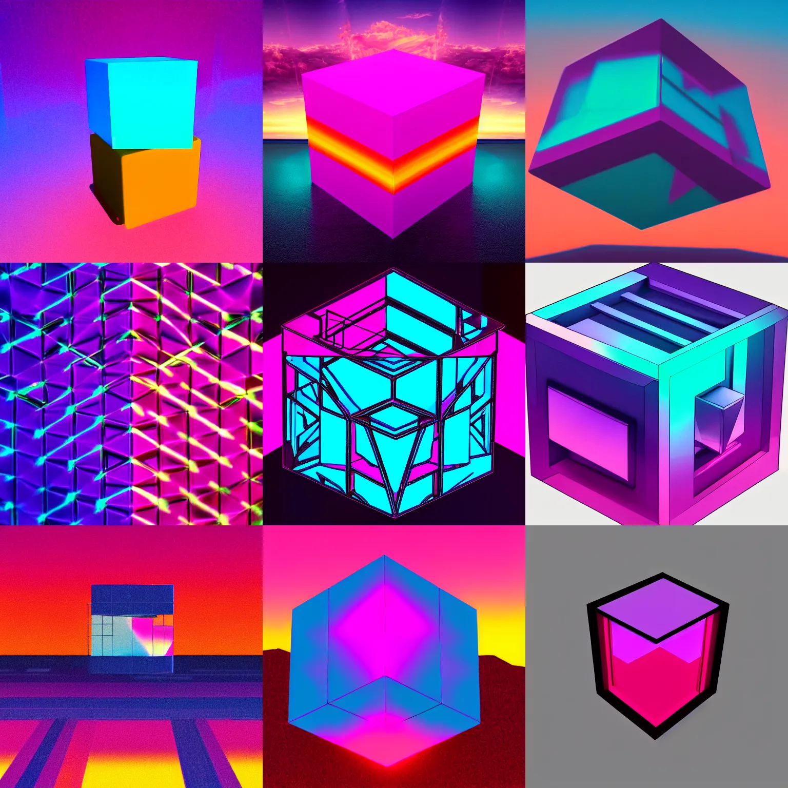 Prompt: The Cube, High Definition, Synthwave, art, magenta sunset, 8k, ultra hd