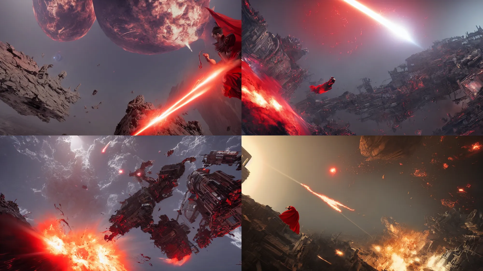 Prompt: incredible screenshot of red cape tetsuo destroying a death laser satellite, Unreal engine 5, mad max dust storm, apocalypse, mad John Martin, dynamic camera angle, deep 3 point perspective, fish eye, dynamic extreme foreshortening, vertigo, fear of heights, contrasting shadows, huge chasm, 8k, hd, high resolution