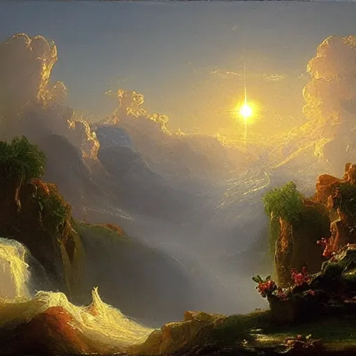 Prompt: The sun is a metaphor for hope. No matter how dark things may seem, there is always light. An oil painting by Thomas Cole