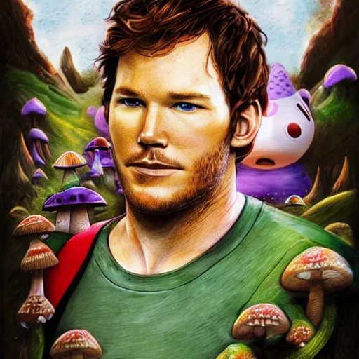 Image similar to a realistic portrait chris pratt as super mario running in a field of mushrooms by android jones