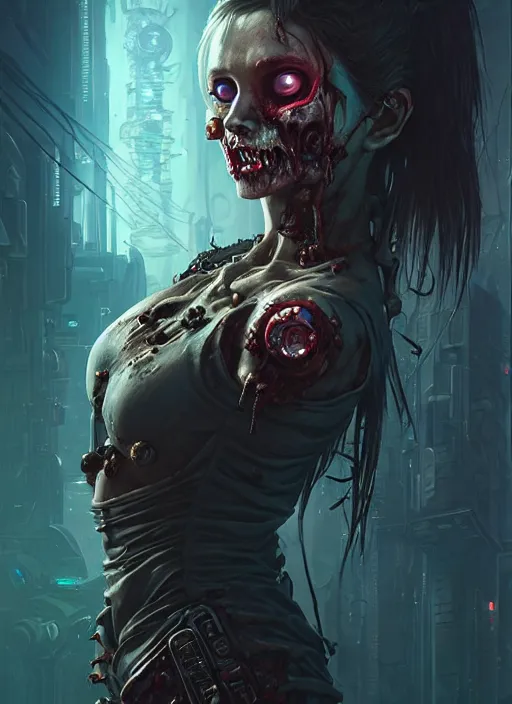 Image similar to cyberpunk zombie, deep focus, d & d, fantasy, intricate, elegant, highly detailed, digital painting, artstation, concept art, matte, sharp focus, illustration, hearthstone, art by artgerm and greg rutkowski and alphonse mucha