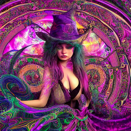 Image similar to psychadelic witch, hyper detailed, flowing psychadelic background intricate and detailed, ornate 8 k gorgeous intricate detailed, octane render