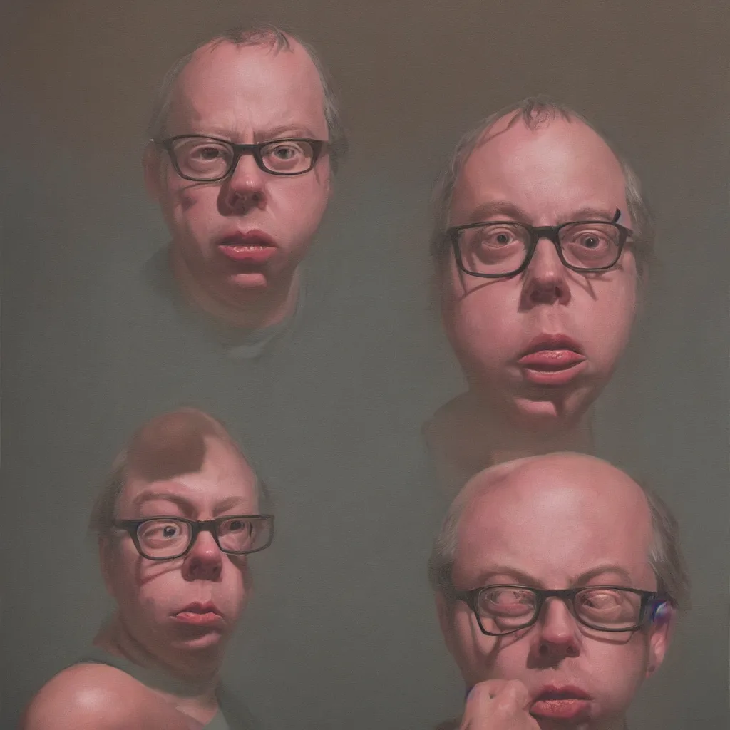 Prompt: oil painting by christian rex van minnen portrait of todd solondz, extremely bizarre disturbing, intense chiaroscuro lighting perfect composition masterpiece intense emotion