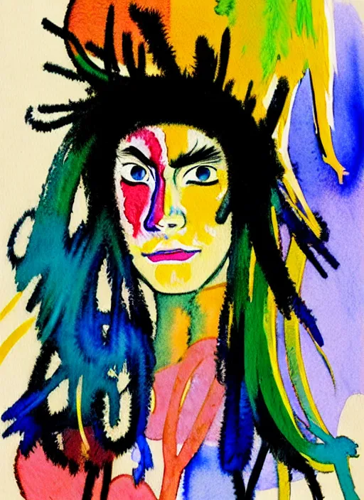 Prompt: vintage 7 0 s anime watercolor by basquiat, a portrait of a lady with colorful face - paint enshrouded in an impressionist watercolor, representation of mystic crystalline rift fractals in the background by william holman hunt, art by cicley mary barker, thick impressionist watercolor brush strokes, portrait painting by daniel garber, minimalist simple pen and watercolor