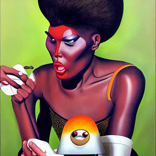 Image similar to beautiful lifelike painting of grace jones feeding her bioenhanced tamagotchi child, hyperreal detailed facial features and uv lighting, art by ed roth and basil wolverton