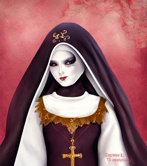 Image similar to beautiful female character inspired by venice carnival, christmas and nun | | digital artwork made by greg rutswork, anna dittmann, rosdraws and lois van barlee, symmetrical, anatomically correct