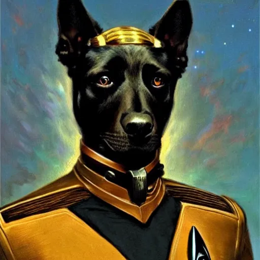 Image similar to a portrait of a black dog dogman canine star trek officer. highly detailed painting by gaston bussiere, craig mullins, j. c. leyendecker, furry