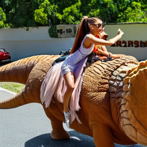 Prompt: ariana grande riding a dinosaur, wide angle lense, uhd, 8k