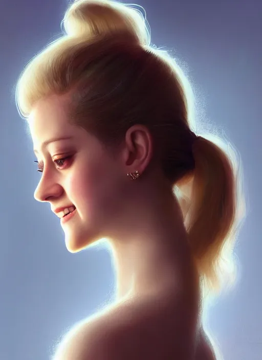 Image similar to portrait of lili reinhart with fluffy bangs, smiling kindly, bangs, 1 9 6 0 s, ponytail, fluffy bangs and ponytail, intricate, elegant, glowing lights, highly detailed, digital painting, artstation, concept art, smooth, sharp focus, illustration, art by wlop, mars ravelo and greg rutkowski