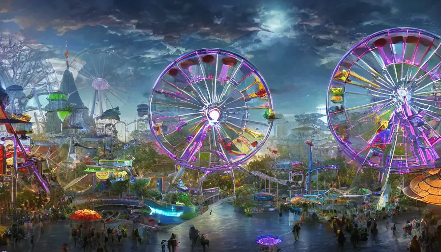 Prompt: Concept art of a magnificent futuristic amusement park with a Ferris wheel in the center of the park and roller coasters in the surroundings, hyperdetailed, artstation, cgsociety, 8k