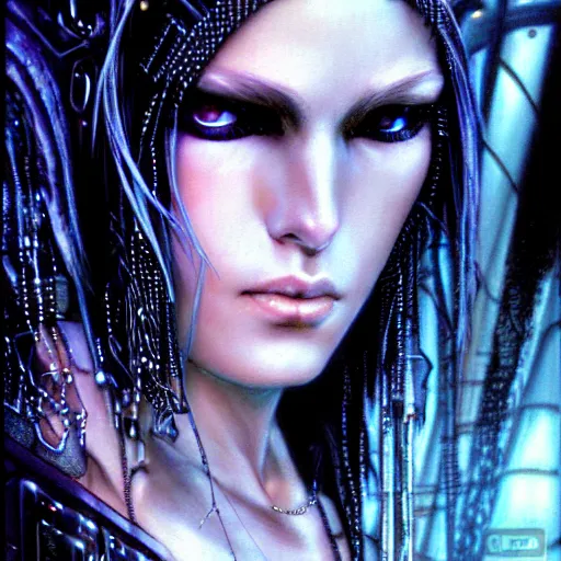 Image similar to an award finning closeup portrait by clyde caldwell and luis royo of a very beautiful and attractive female bohemian cyberpunk traveller aged 2 1 in excessively fashionable cyberpunk gear