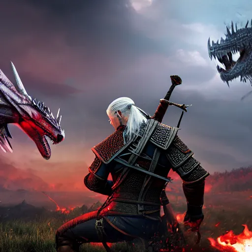 Prompt: a witcher fighting a dragon in the wildness, a black mist surrounds them, a barbaric town is on fire in the background, sky is red