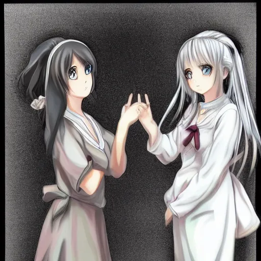 Image similar to a serious stare down between two beautiful maids standing face to face, detailed anime art