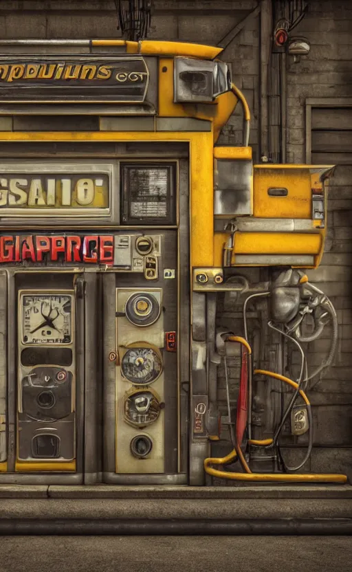 Image similar to steampunk gas station, garage, closeup, 4 k, polished, photorealistic, hard edges, zoomed in, very coherent, sharp focus, rim light, exquisite lighting, hard edges, sci - fi, cinematic, octane render