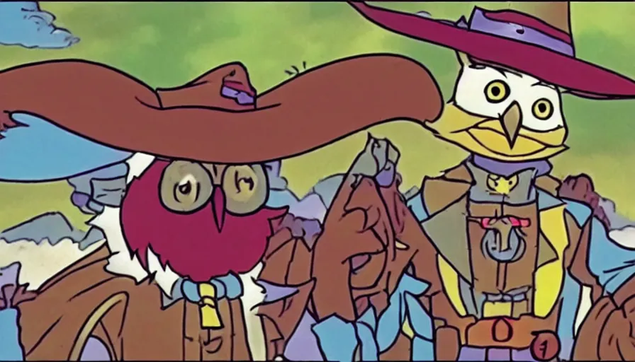 Image similar to saturday morning cartoon shot of an owl dressed as the lone ranger, screenshot from 1990s animated show