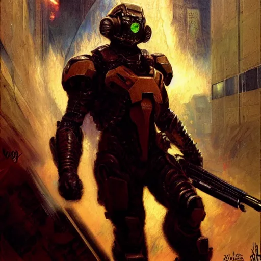 Image similar to Leonardo Dicaprio Doom Slayer, by gaston bussiere, craig mullins, Simon Bisley