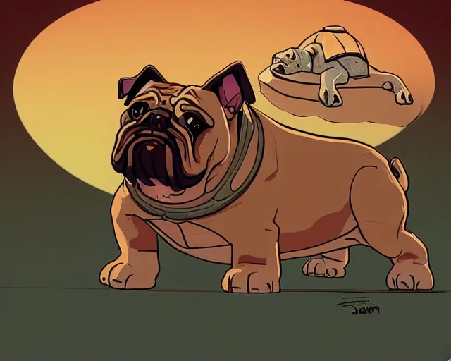 Image similar to cell shaded cartoon of a realistic bulldog with a turtle shell, concept art by josan gonzales and wlop, by james jean, victo ngai, david rubin, mike mignola, deviantart, art by artgem