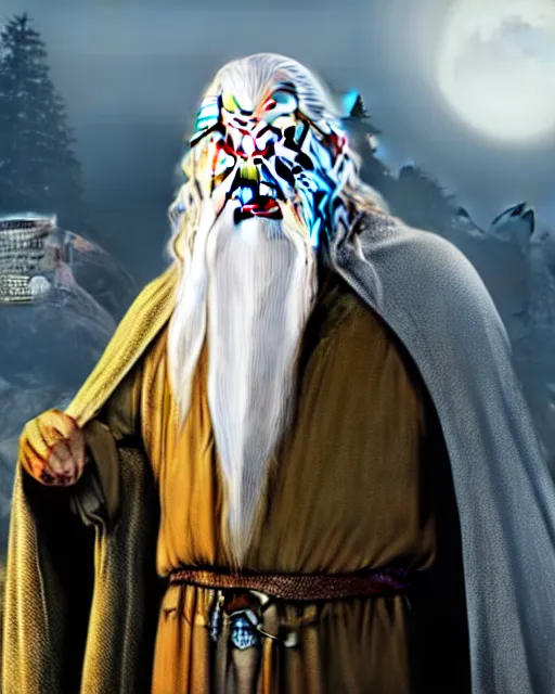 Prompt: Gandalf the white from Lord of the rings in GTA V loading screen, GTA V Cover art by Stephen Bliss, boxart, loading screen,