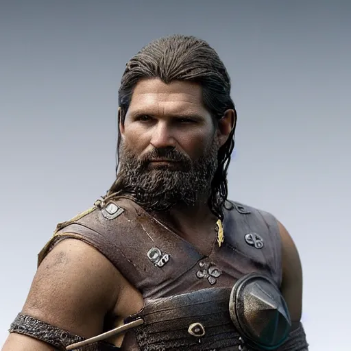 Image similar to of a 3d clay model of a viking from valhalla, ultra fine detail, hair strands, ultra high resolution, fine texture detail, miniature painting techniques, perfect proportions, marvel cinematic universe, eric bana